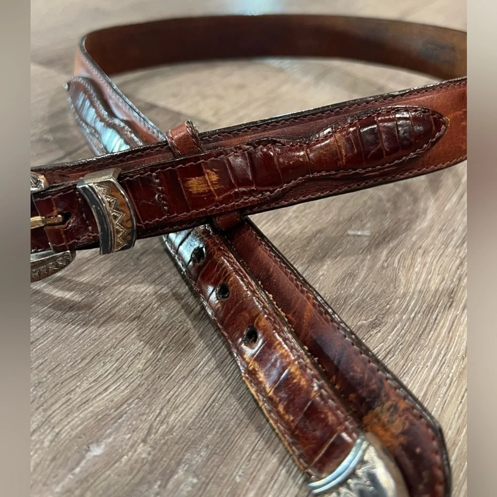 Vintage Brighton Hand Made USA Leather Patina Silver Buckle Clasp Ornate